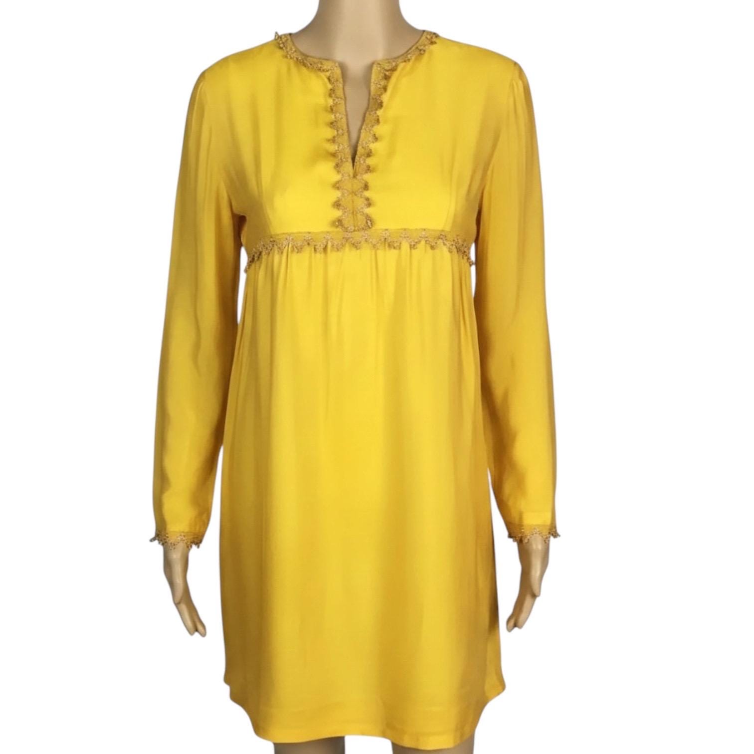 Vintage 1960s Polly Peck Yellow Gold Lurex Braided Trim Babydoll Mini Dress Small Vintage 1960s Polly Peck Yellow Gold Lurex Braided Trim Babydoll Mini Dress Small