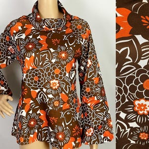 Vintage 1970s St Michael Boho Hippie Orange & Brown Psychedelic Floral Print Roll Neck Balloon Sleeve Tunic Top Medium-Large