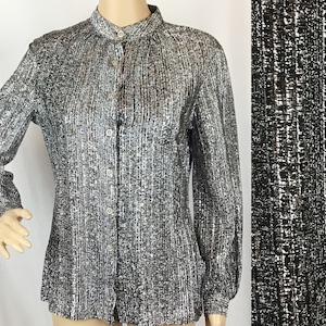 Vintage 1970s American Designer Judy Bond Disco Glam Rock Sparkly Silver Metallic Lurex Blouse Shirt Top Small-Medium
