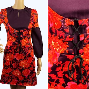 Vintage 1970s Mod Hippie Burgundy & Orange Psychedelic Floral Print Corset Bib Balloon Sleeve Mini Dress Small