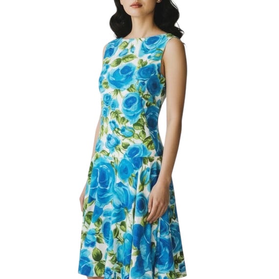 Vintage Early 1960s White & Blue Rose Floral Print Drop Waist Dress  Small-medium - Etsy