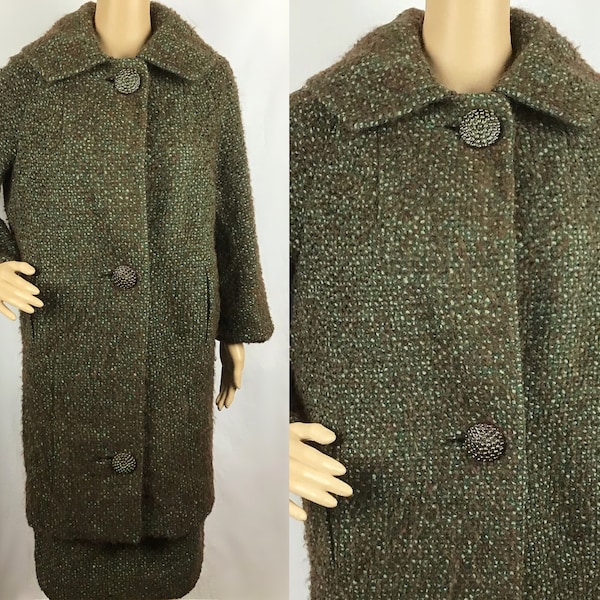 Vintage Early 1960s Designer Villadeste by Kashmoor Mid Century Dark Green Tweed Wool Large Button Coat & Pencil Skirt Suit Set Small-Medium