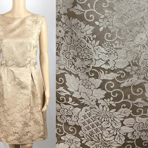 Vintage Early 1960s Designer Dynasty label Mid Century Pin Up Champagne Beige Floral Brocade Cocktail Shift Dress Medium
