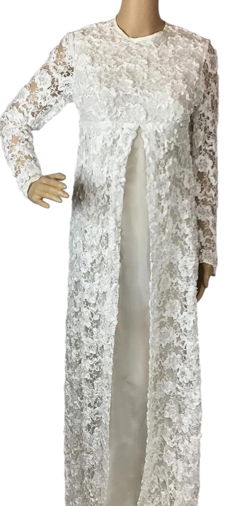 Vintage 1970s White Crochet Floral Soutache Ribbon Lace Overlay Long Wedding Dress Small image 5