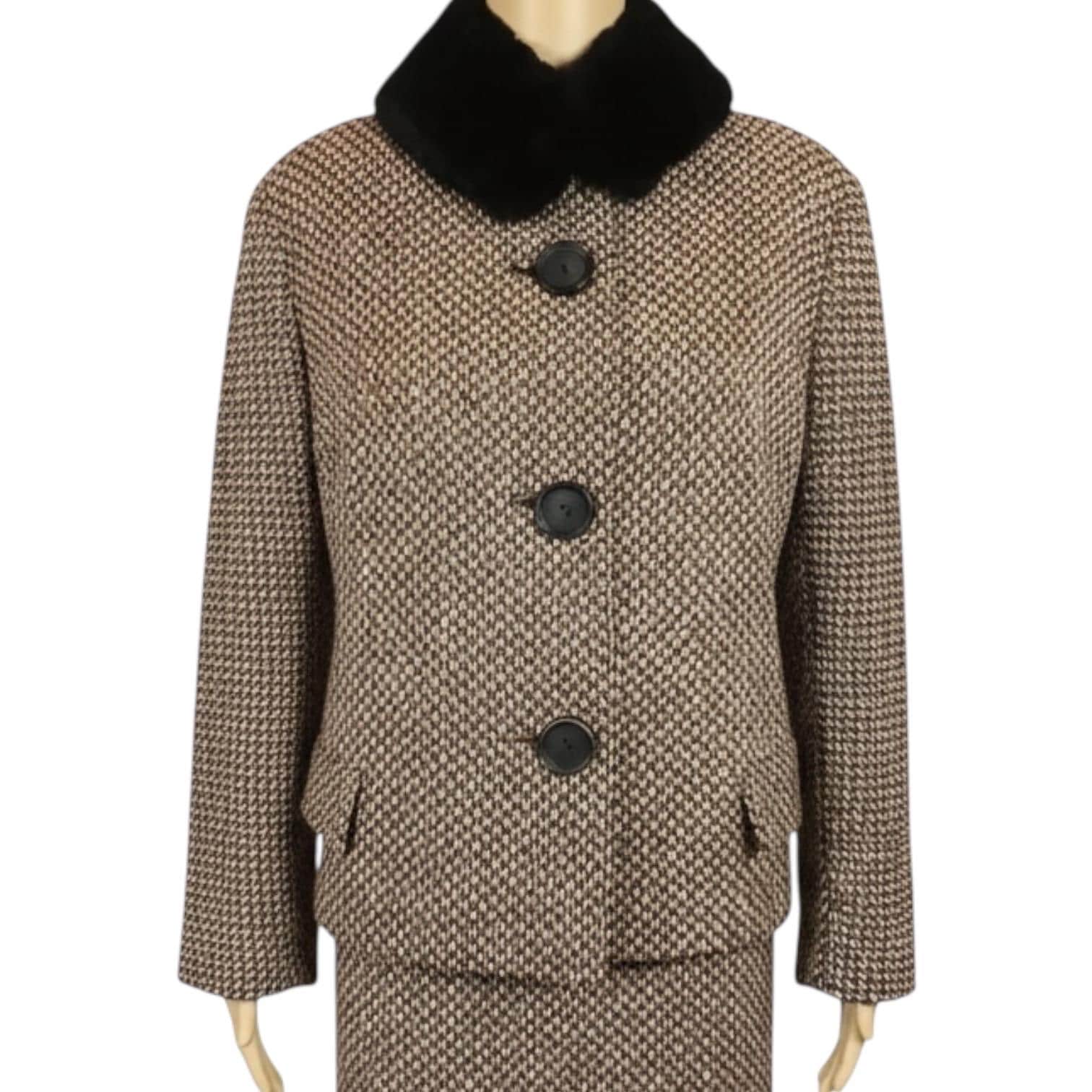 Vintage 1960s Brown Tweed Wool Faux Fur Collar Jacket & Pencil