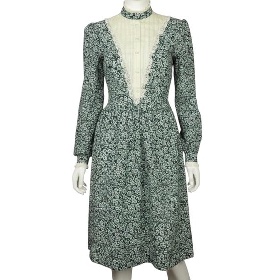 Vintage 1970s Hippie Green Floral Print Victoriana Prairie Dress Small-Medium