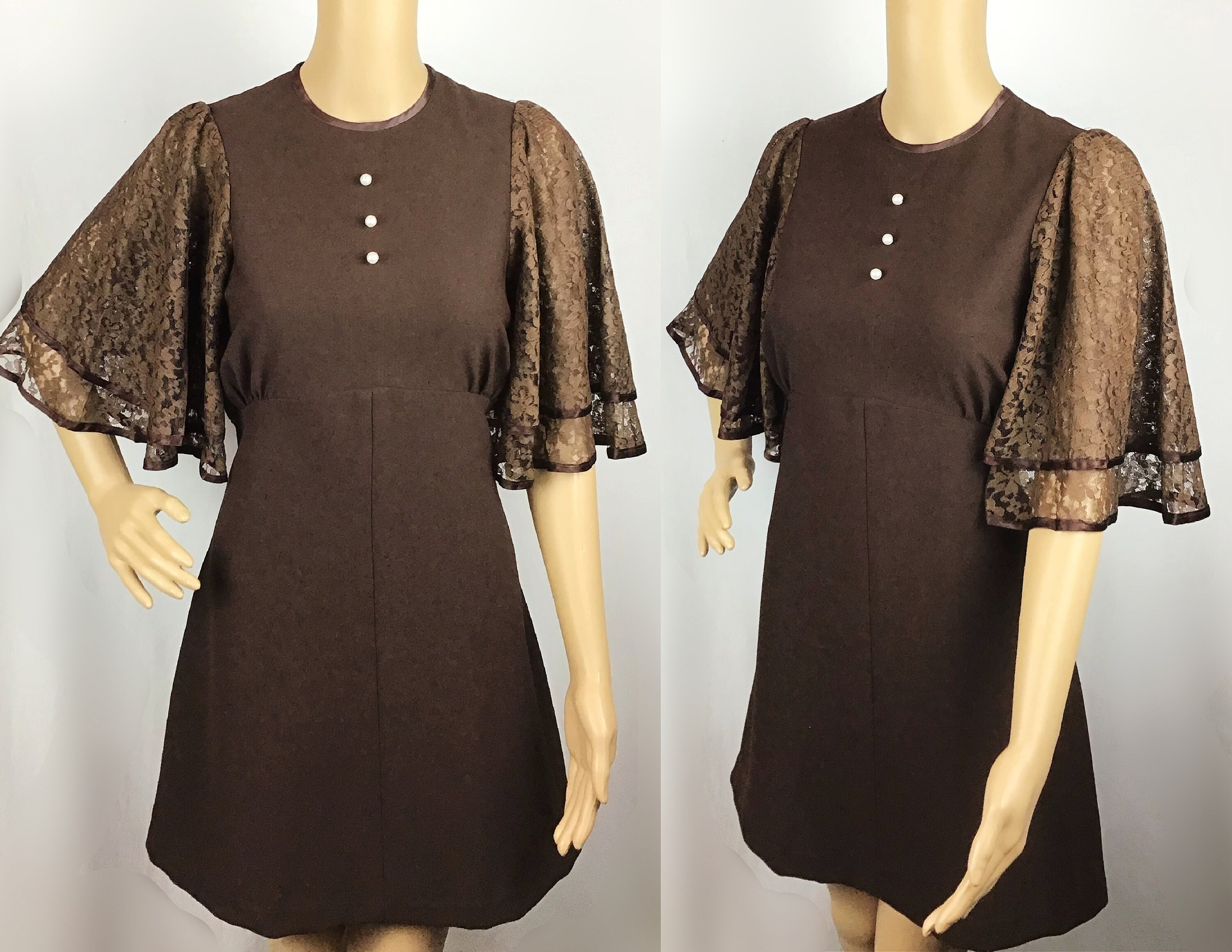 Vintage 1970s Richard Shops Label Hippie Brown Floral Lace Angel Cape Sleeve Babydoll Mini Dress Small-Medium