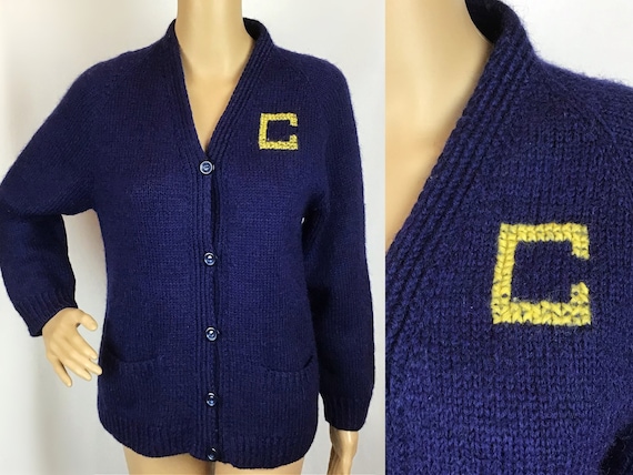 Vintage 1950s Mid Century Pin up Navy Blue Wool Varsity Letterman 