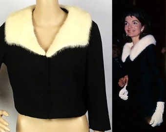 Vintage jaren 1950 Amerikaanse ontwerper Joseph Horne halverwege de eeuw pin-up zwarte wol witte nertsbontkraag bijgesneden jas klein