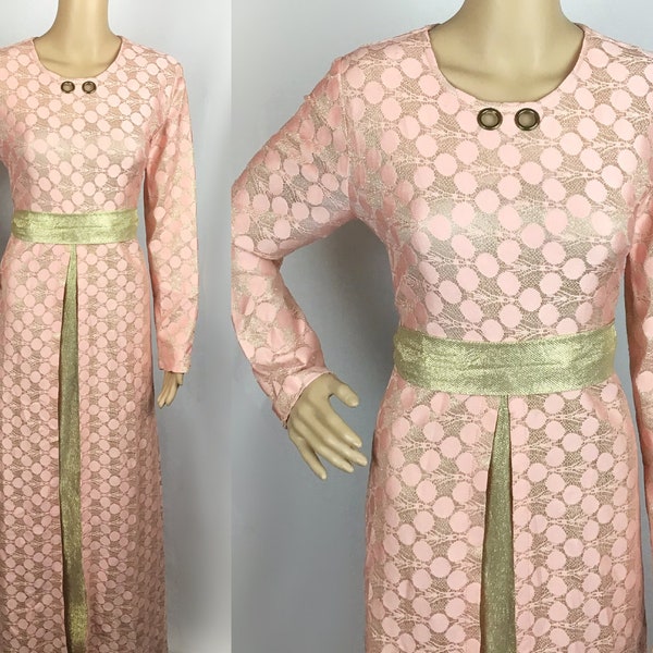 Vintage 1970s Disco Glam Rock Pink & Gold Sparkly Lurex Circular Op Art Print Long Maxi Dress Medium-Large