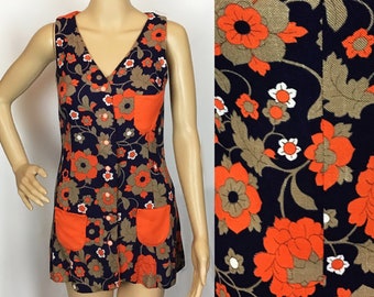Vintage 1960s Designer Wendy Mod Hippie Blue & Orange Psychedelic Floral Pop Print Linen Tunic Dress Top X Small