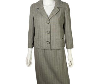 Vintage 1950s Golden Crest Grey Prince of Wales Check Jacket and Pencil Skirt Suit Set Small