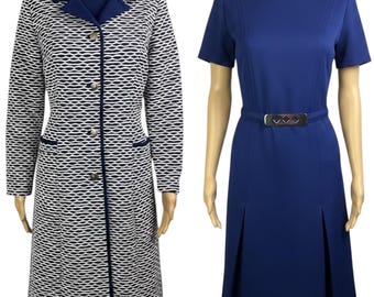 Vintage 1970s Mod Nautical Navy Blue and White Coat & Matching Belted Dress Suit Set Medium