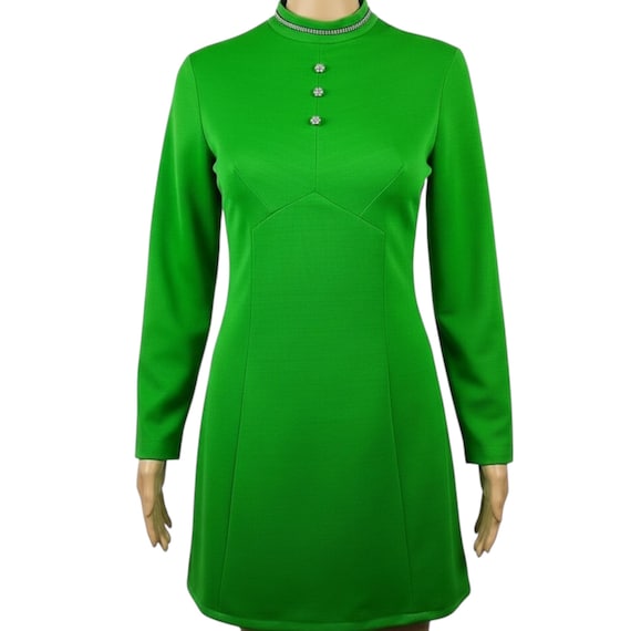 Vintage 1970s Leygil Label Mod Hippie Green Diamante Beaded Collar & Daisy Button Bib Mini Dress Small-Medium Vintage 1970s Leygil Label Mod Hippie Green Diamante Beaded Collar & Daisy Button Bib Mini Dress Small-Medium
