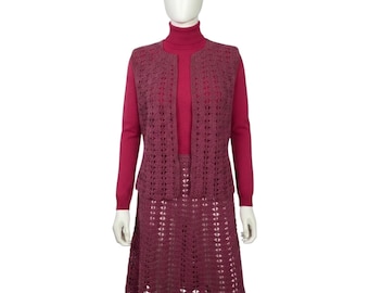 Vintage 1970s Hippie Boho Purple Crochet Wool Vest & Mini Skirt Two Piece Set Small-Medium