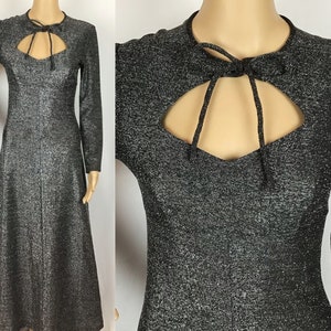 Vintage 1970s Designer Polly Peck by Sybil Zelker Glam Disco Studio 54 Style Silver Lurex Key Hole Bow Tie Cut Out Bib Long Maxi Dress Small