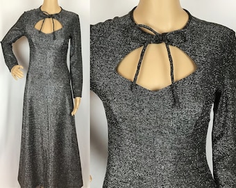 Vintage 1970s Designer Polly Peck by Sybil Zelker Glam Disco Studio 54 Style Silver Lurex Key Hole Bow Tie Cut Out Bib Long Maxi Dress Small