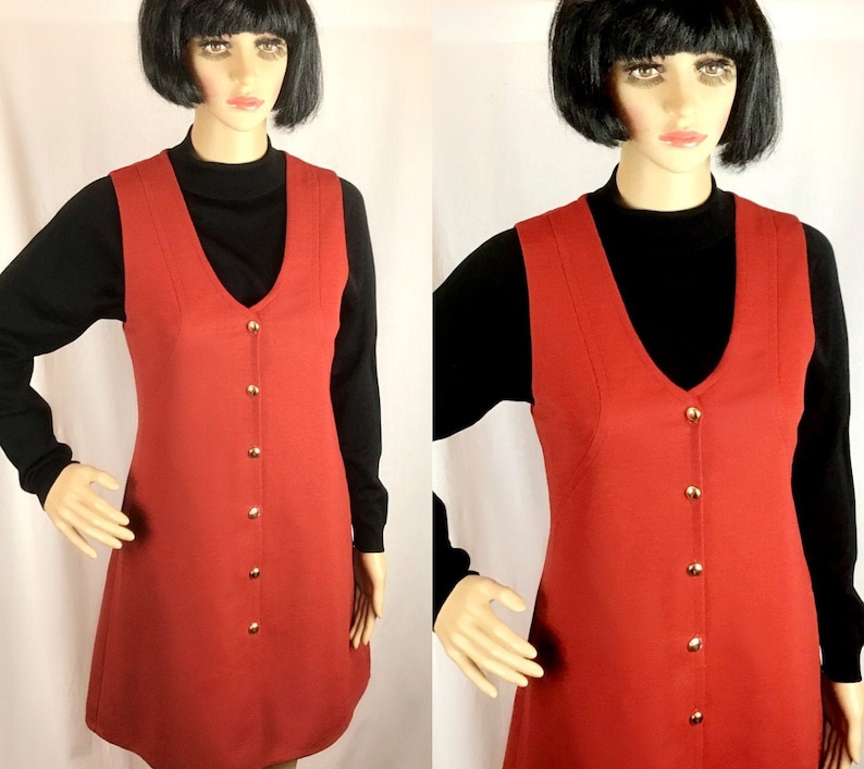 Vintage 60s 70s St Michael label Mod Rust Burnt Umber Red Crimplene Scooter Mini Pinafore Shift Dress Small