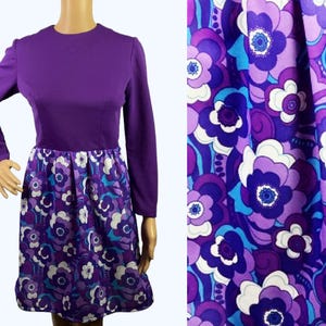Vintage 1970er Jahre Mod Hippie Lila Psychedelic Blumen Daisy Pop Print Mini Kleid