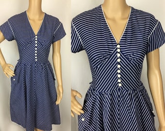 Vintage 1980s does 1950s Rockabilly Pin Up Nautical Navy Blue & White Striped Fit and Flare Circle Skirt Dress Small-Medium