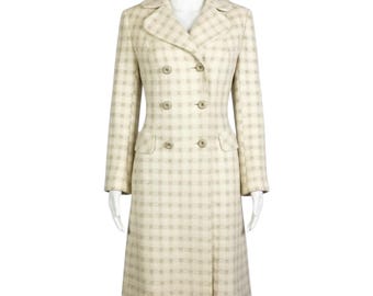 Vintage 1970s Cream & Beige Check Wool Double Breasted Coat Small-Medium