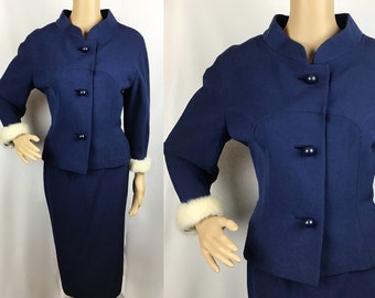 Vintage 1960s Aubrey Segal Mid Century Pin Up Navy Blue Wool White Mink Fur Trim Cuff Jacket & Matching Pencil Skirt Suit Set Medium-Large