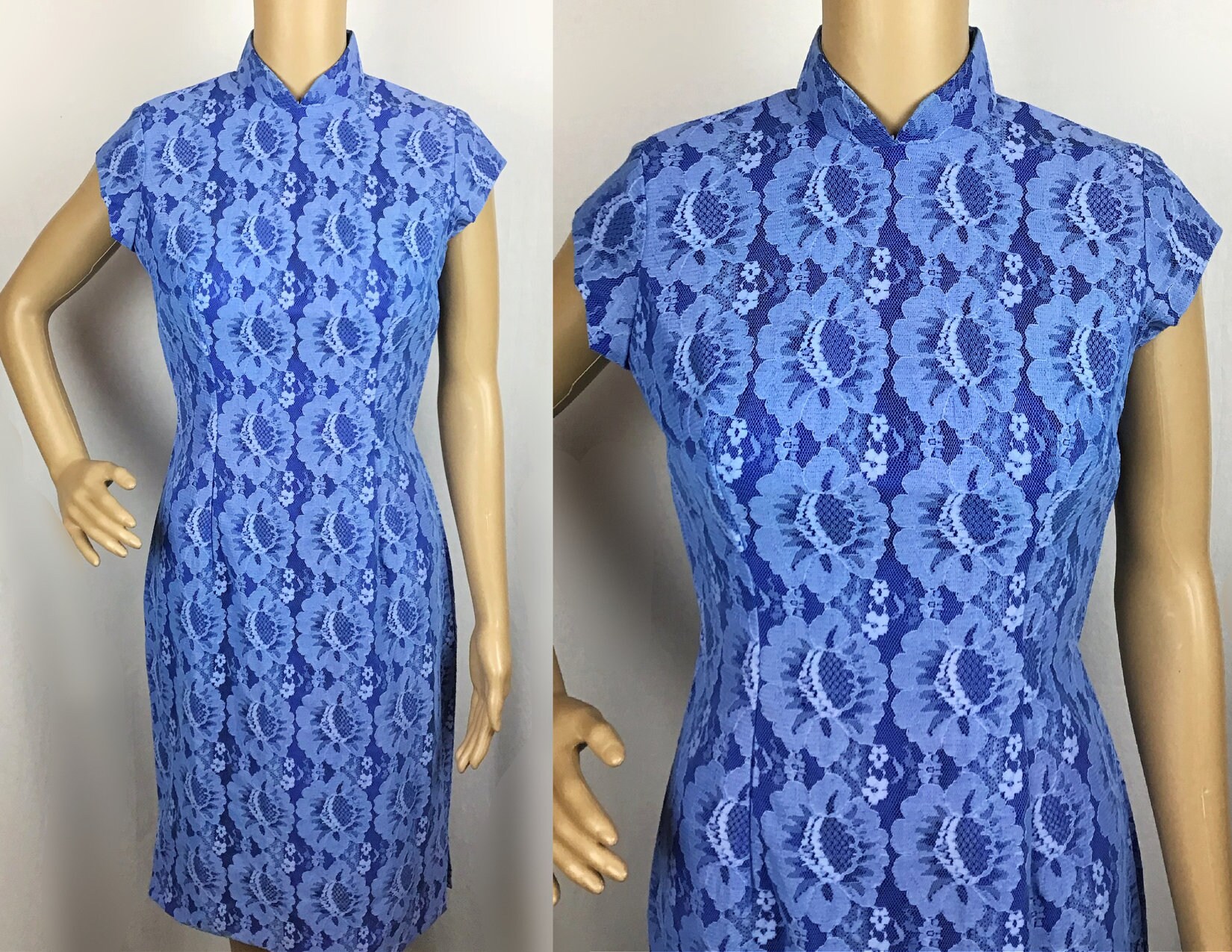 Vintage 1960s Mid Century Pin Up Blue Floral Lace Cheongsam Shift Dress Small