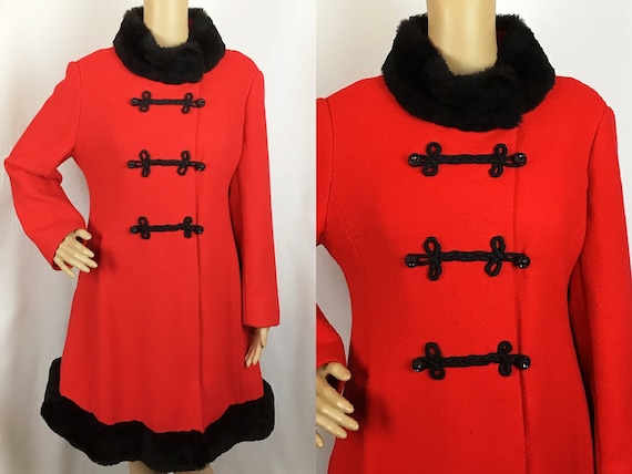 Vintage American 1960s Mod Red Wool Black Faux Fu… - image 2