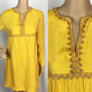 Vintage 1960s Designer Miss Polly by Sybil Zelker Polly Peck label Mod Hippie Yellow Gold Lurex Braided Trim Babydoll Mini Dress Small