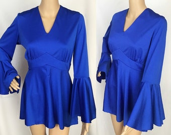 Vintage 1970s Designer Mayon Couture  Mod Glam Rock Cobalt Blue Flared Angel Bell Sleeve Cuff Go Go Mini Tunic Dress Large