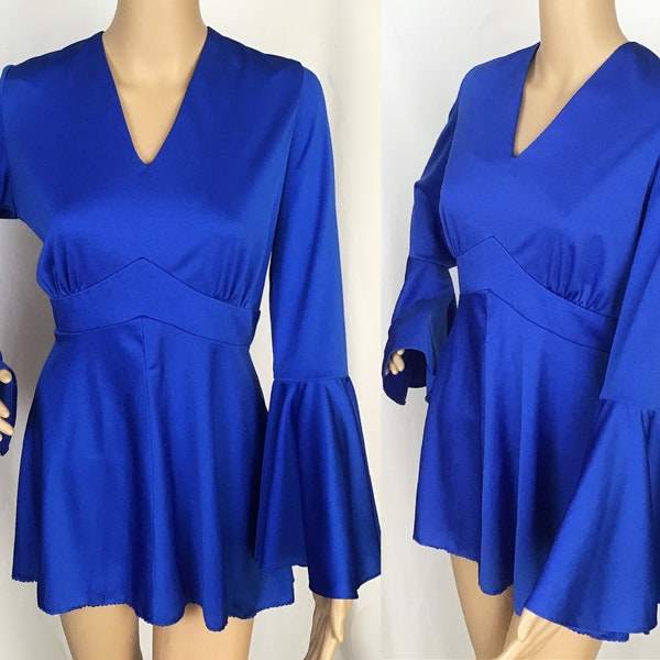 Vintage 1970s Designer Mayon Couture  Mod Glam Rock Cobalt Blue Flared Angel Bell Sleeve Cuff Go Go Mini Tunic Dress Large