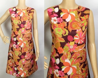 Vintage 1960s Mod Hippie Psychedelic Floral Print Shift Dress Medium-Large