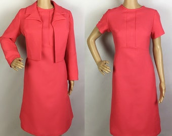 Vintage 1960s Designer Peggy French Couture Mid Century Mod Coral Shift Dress & Jacket Suit Set Small