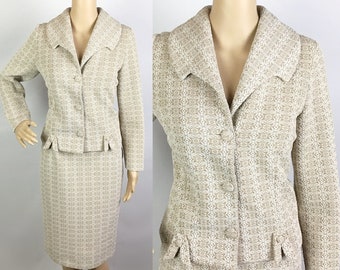 Vintage 1970s Cream Beige Floral Brocade Crimplene Jacket & Pencil Skirt Suit Set Small-Medium