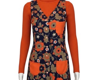 Vintage 1960s Mod Hippie Psychedelic Floral Print Tunic Dress Top X Small