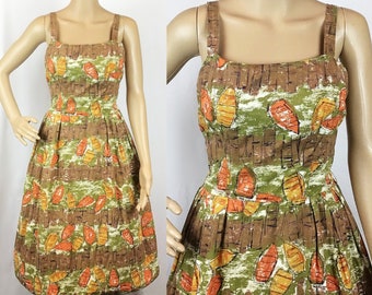 Vintage 1950s Mid Century Pin Up Brown Orange Green Novelty Painterly Abstract Boat Print Cotton Fit and Flare Sun Dress Small