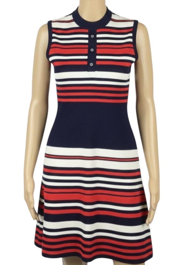 Vintage 1960s St Michael Label Mod Navy Blue Red & White Striped Scooter A Line Mini Shift Dress Small