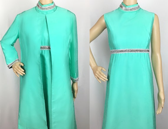 Vintage 1960s Mod Turquoise Mint Green Silver Seq… - image 1