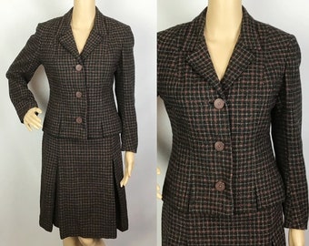 Vintage 1960s Designer Peter Saunders Label Mid Century Mod Navy Blue Pink Check Wool Jacket & Skirt Suit Set Small