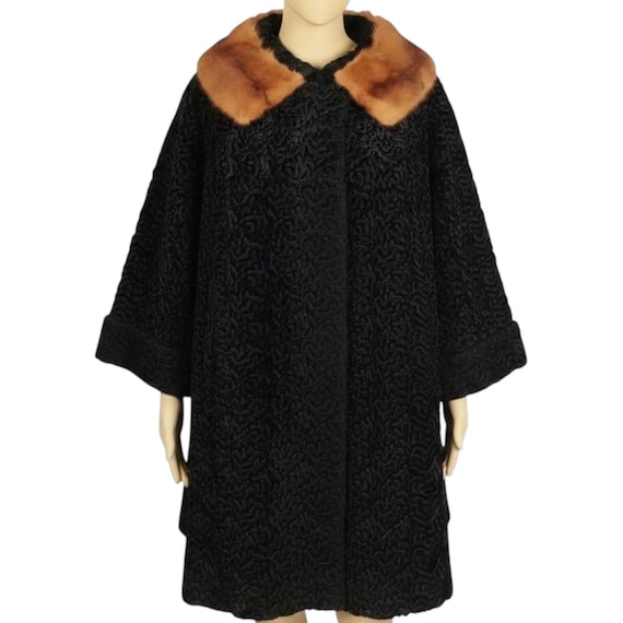 Vintage Early 1960s Black Astrakhan Poodle Fur Collar Swing Coat