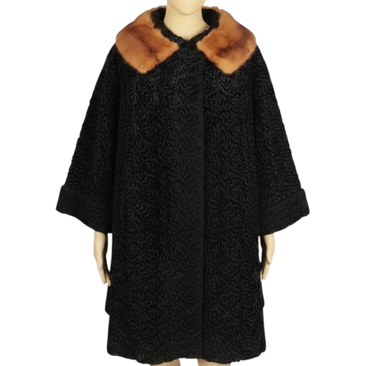 Vintage Early 1960s Black Astrakhan Poodle Fur Collar Swing Coat