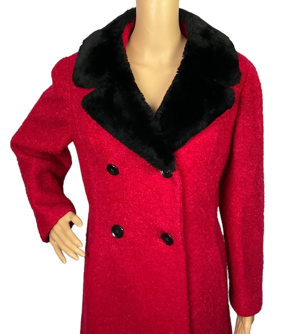 Vintage 1960s Mod Dark Red Boucle Wool Black Faux Fur Collar Coat