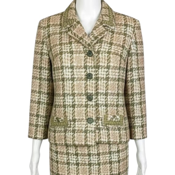 Vintage 1960s Cream Tweed Check Wool Jacket & Pencil Skirt Suit