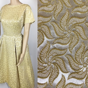 Vintage 1950s Mid Century American Union Label Mid Century Pin Up Gold Floral Swirl Brocade Fit & Flare Circle Skirt Cocktail Dress Medium