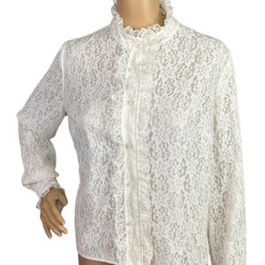 Vintage 1960s Mod Victoriana White Floral Lace Ruffled Collar & Cuff Blouse Top Medium