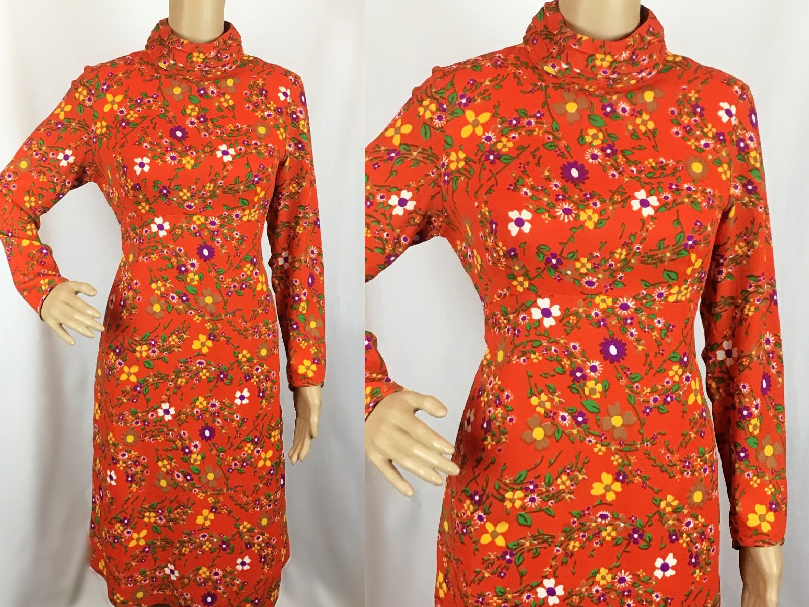 Vintage 1960s Mod Hippie Orange Floral Print High Neck A Line - Etsy UK