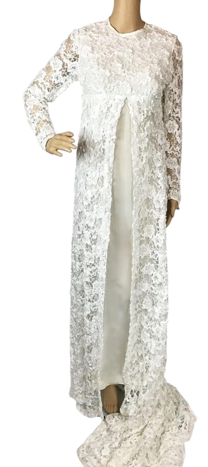 Vintage 1970s White Crochet Floral Soutache Ribbon Lace Overlay Long Wedding Dress Small image 6