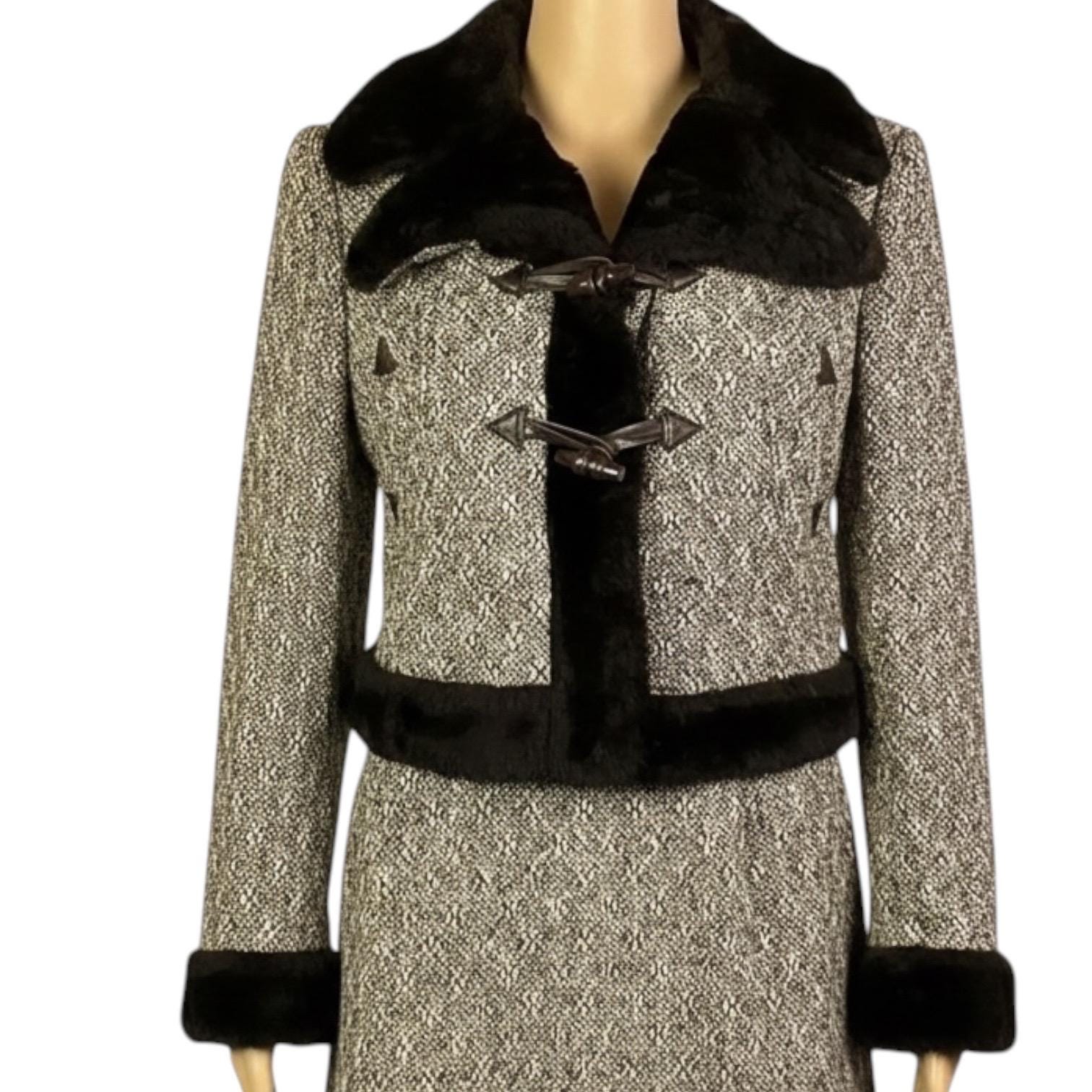 Vintage 1960s Mansfield Frank Russell Brown Tweed Wool Faux Fur 