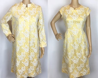 Vintage 1960s Mid Century Pin Up Yellow & White Rose Floral Lace  Pencil Shift Dress and Matching Swing Jacket Coat Suit Set Small