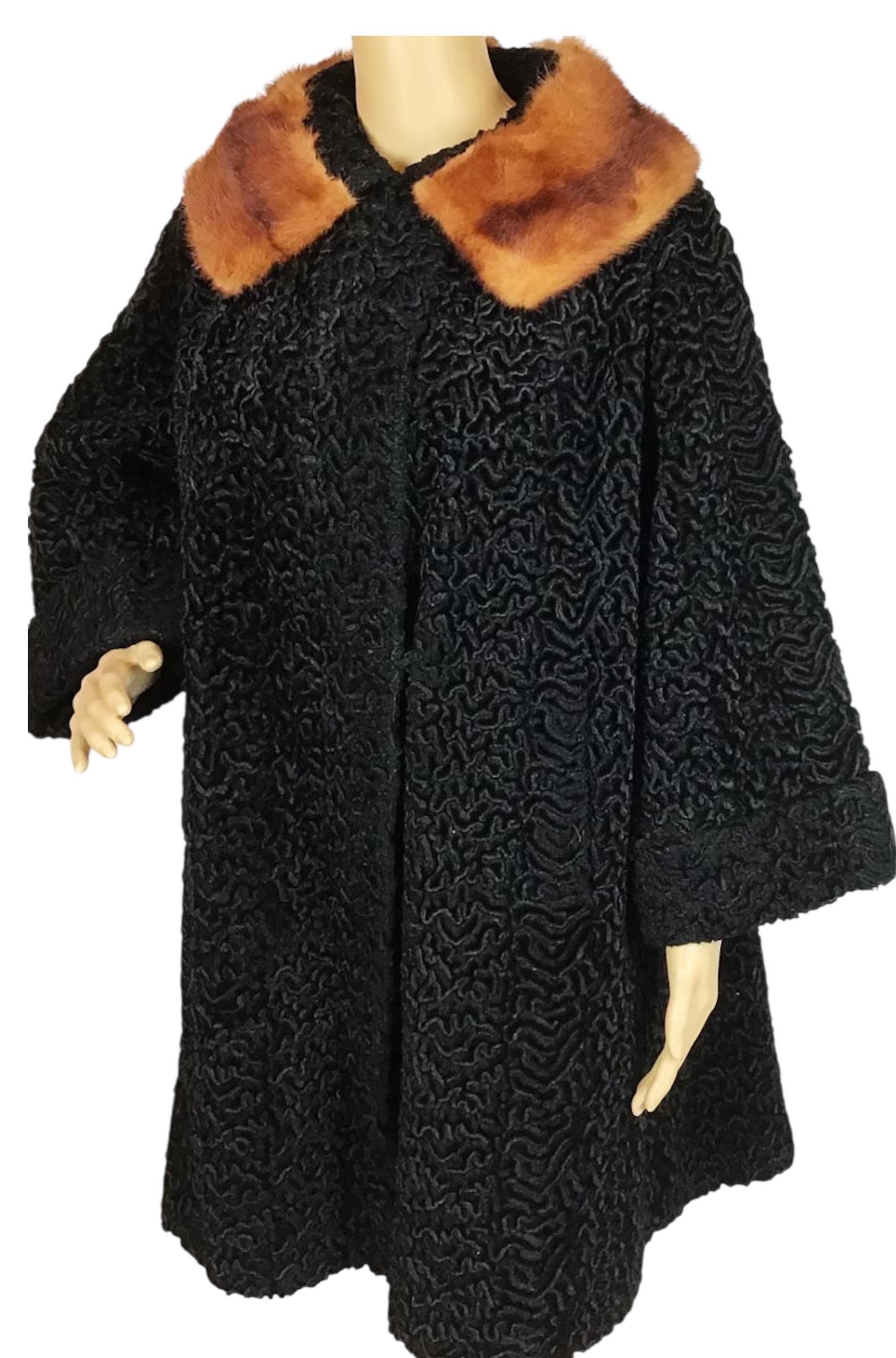 Vintage Early 1960s Black Astrakhan Poodle Fur Collar Swing Coat